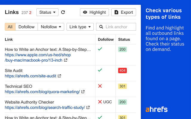 The ahrefs toolbar showing outbound links for a webpage