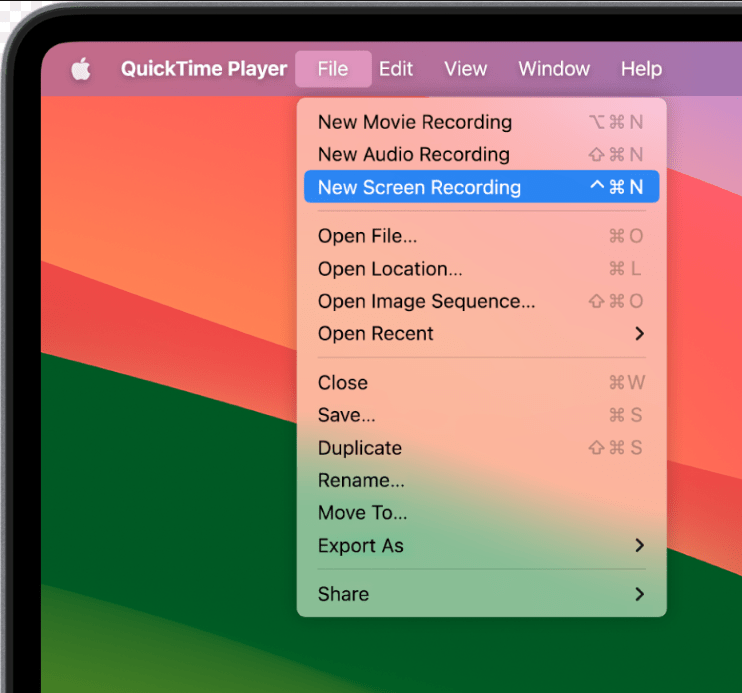The Apple Quicktime recording menu