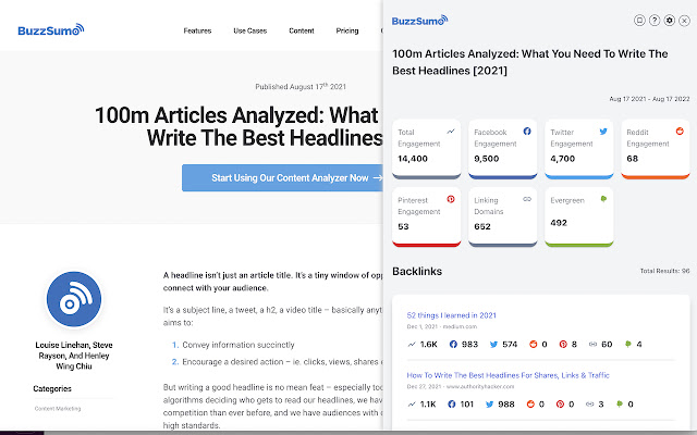 The BuzzSumo extension showing content research
