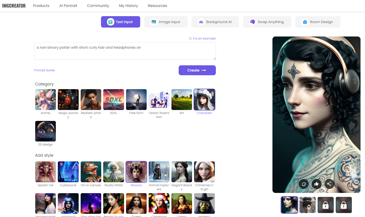 The character generator interface on ZMO depicting an HD character image