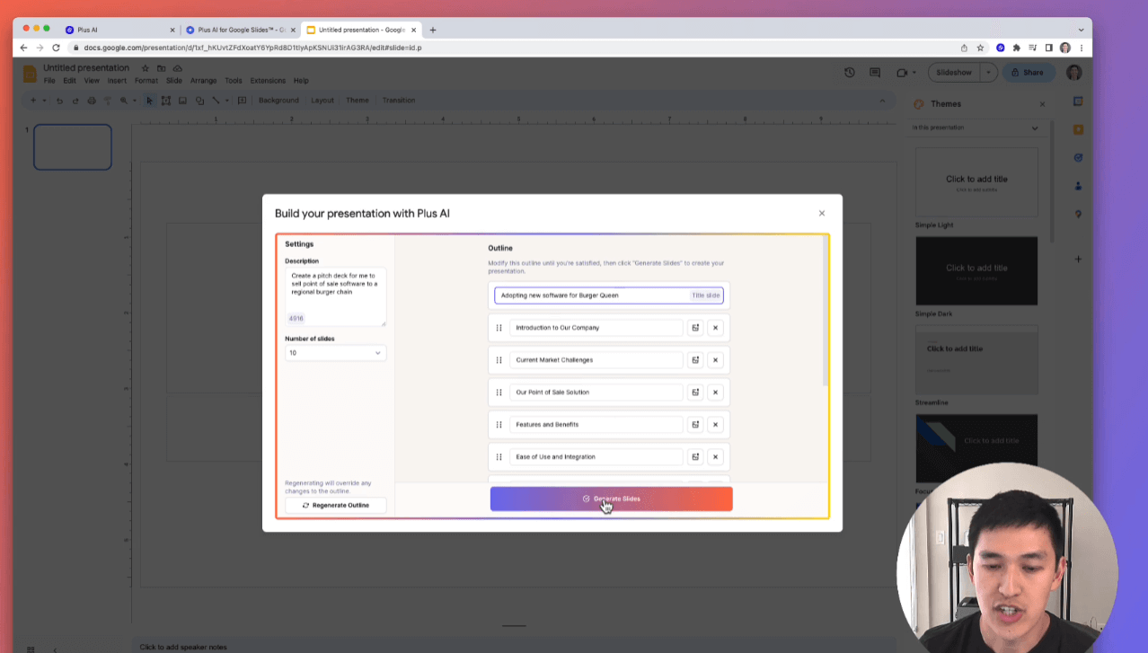 The Google Slides addon creating presentation slides with AI