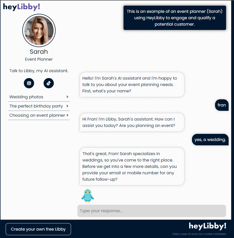 The HeyLibby chatbot asking questions