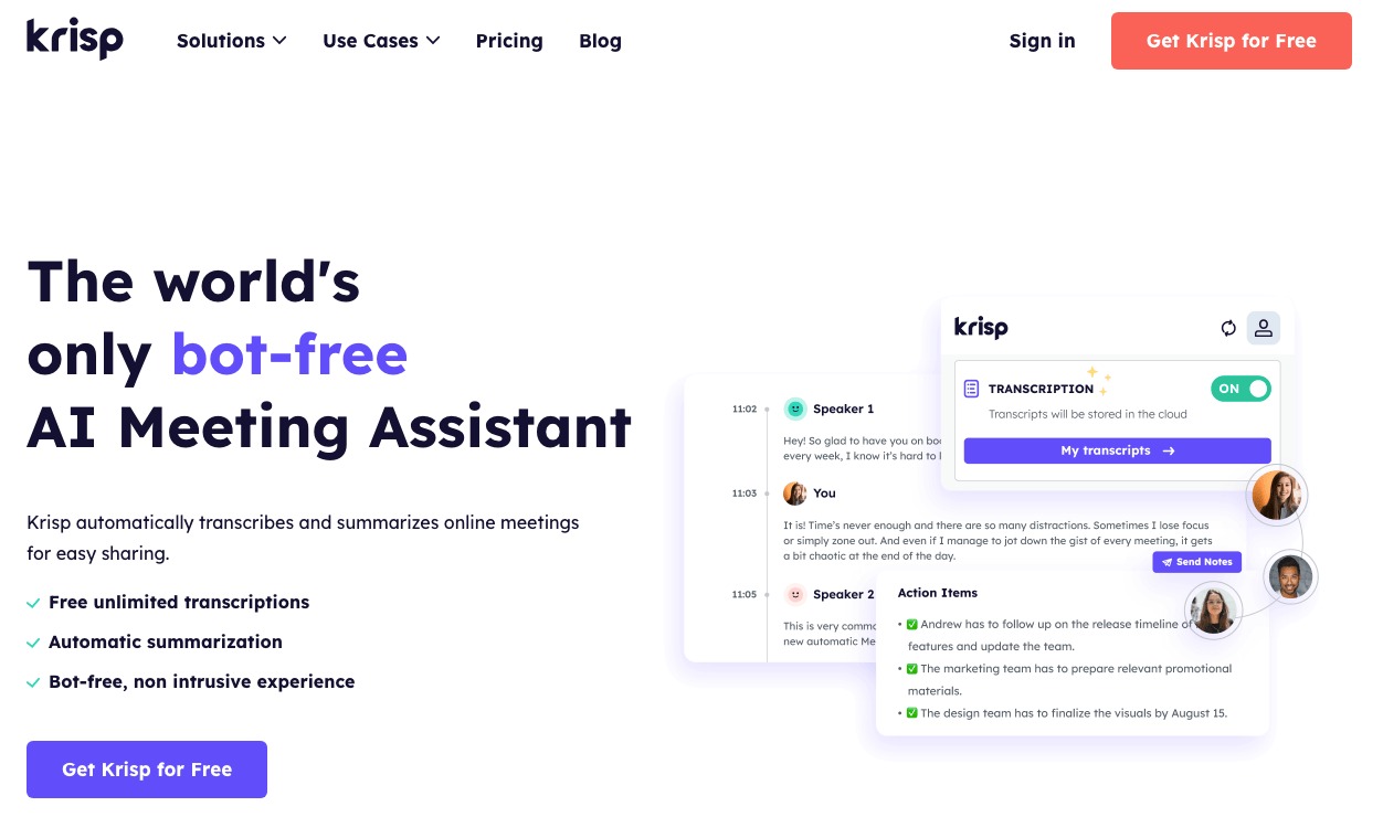 The Krisp AI meeting assistant landing page