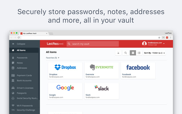 The LastPass extension showing sites that a user has saved information for