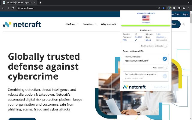 The Netcraft extension showing the risk rating of a current website