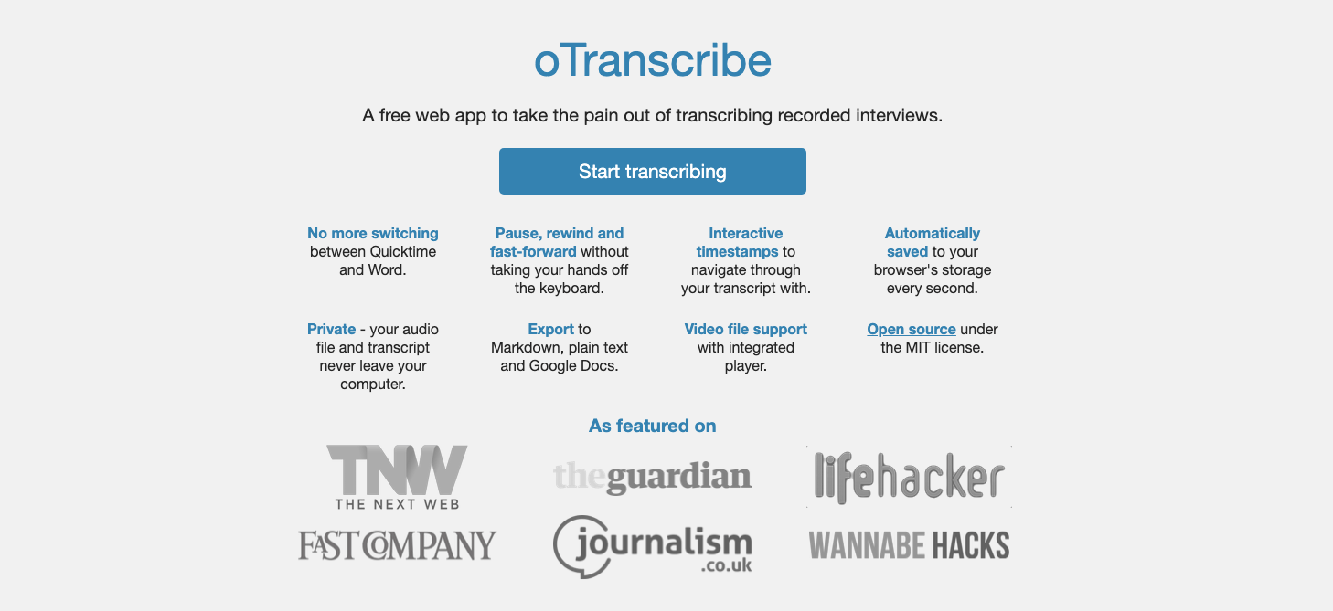 The oTranscribe Homepage