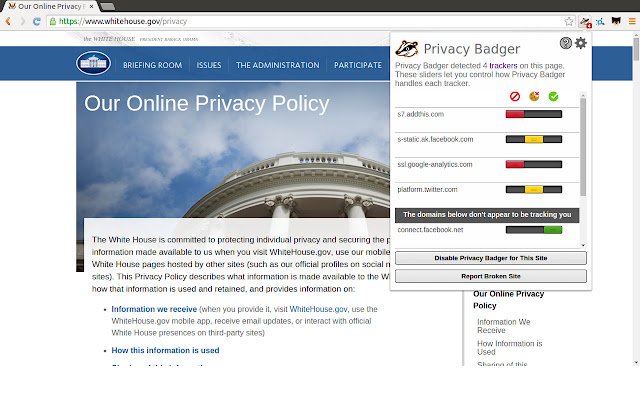 The privacy badger identifying trackers on the whitehouse.gov website