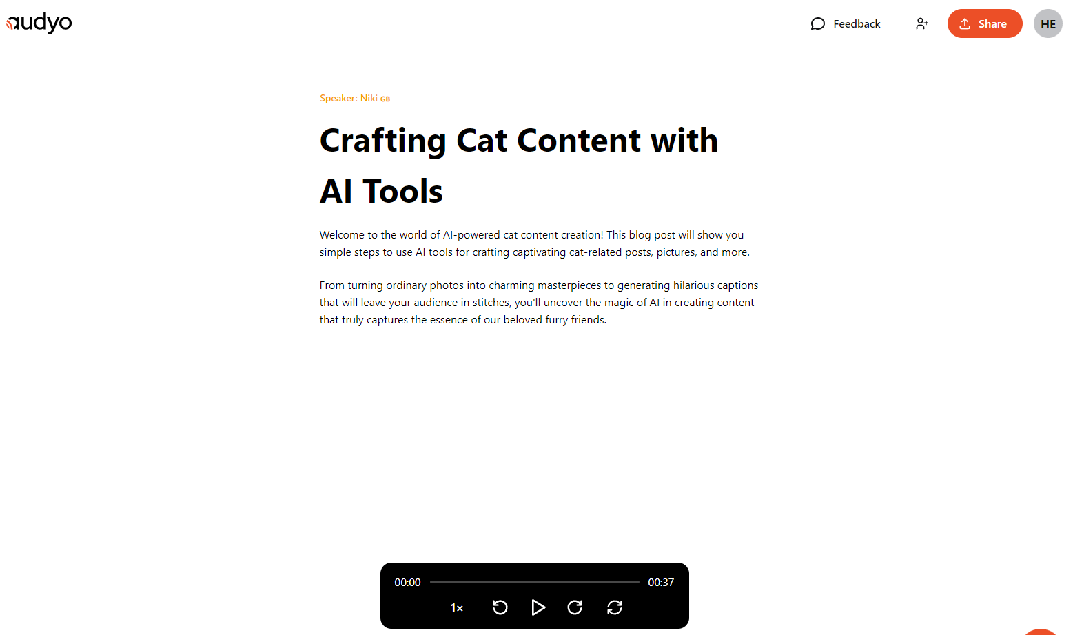 The text based audio editor creating an AI voiceover