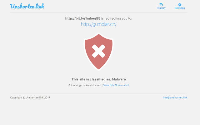 The Unshorten.link Chrome extension showing that a site includes malware