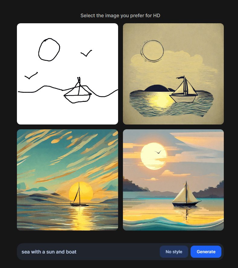Three AI generated paintings using a doodle of the sea and a sailboat