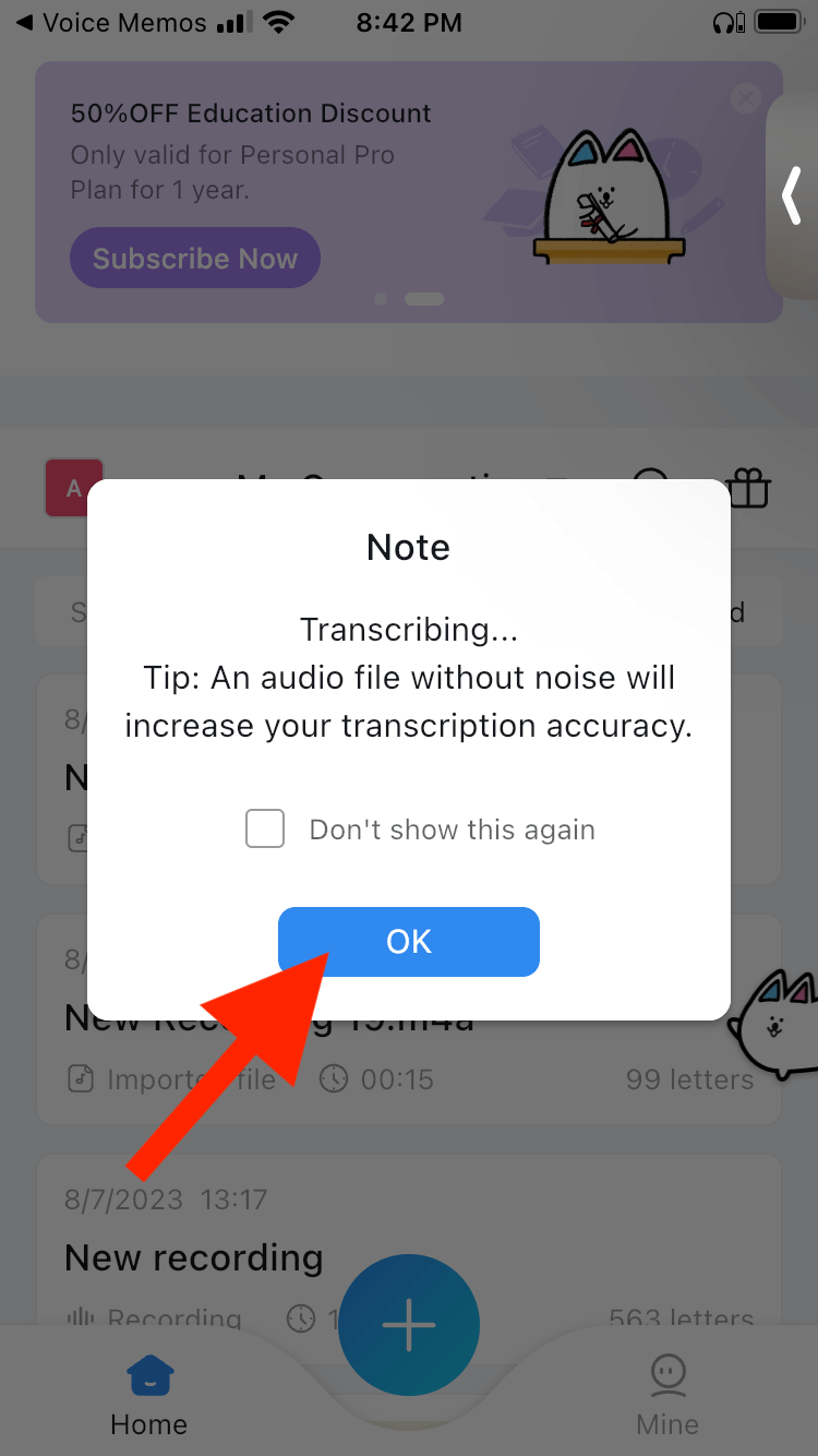 transcribe voice memos on iphone click on the ok button