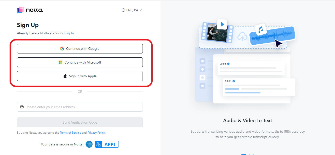 transcribe your podcast with Notta notta log in