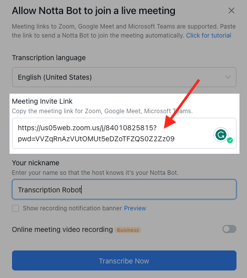 transcribe Zoom meeting with Notta paste Zoom meeting invite link