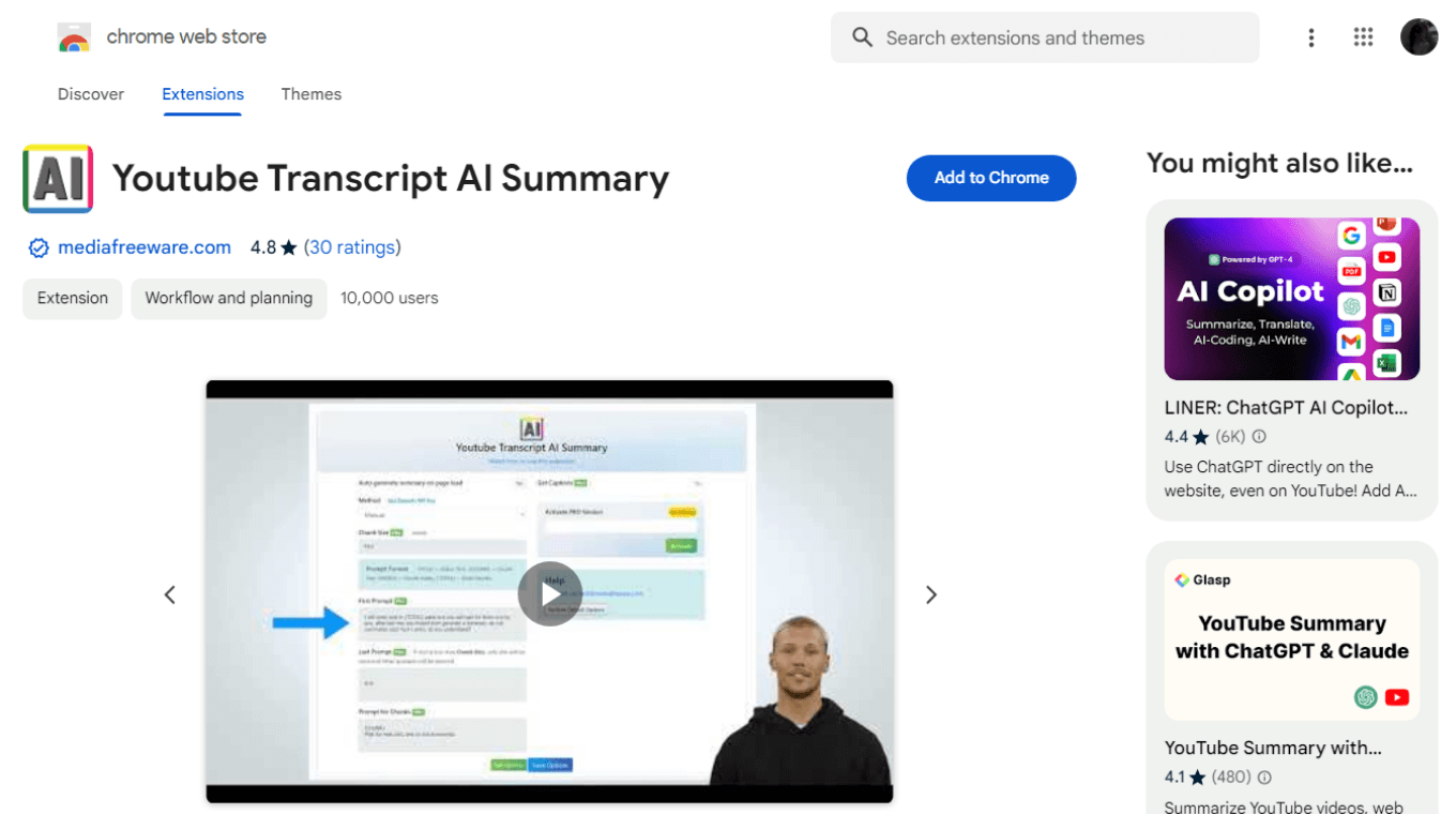 خلاصه AI ترنسکریپت یوتیوب - افزونه کروم برای خلاصه‌ها