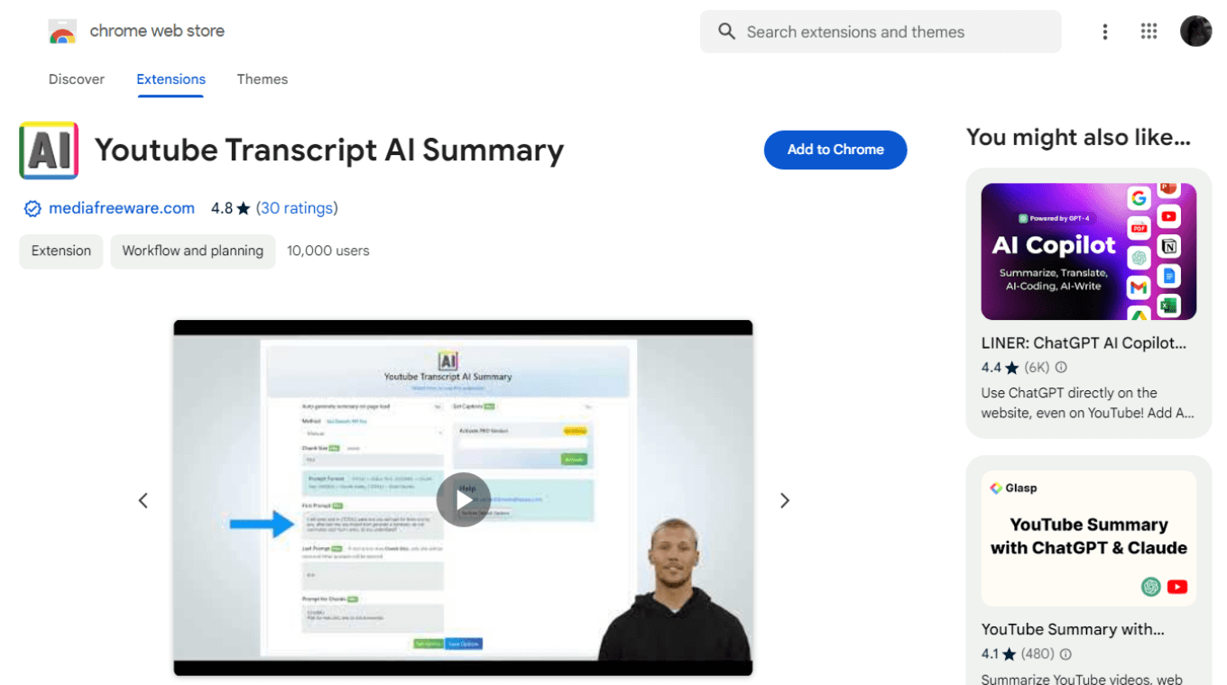 YouTube Transcript AI Summary Chrome extension for summaries