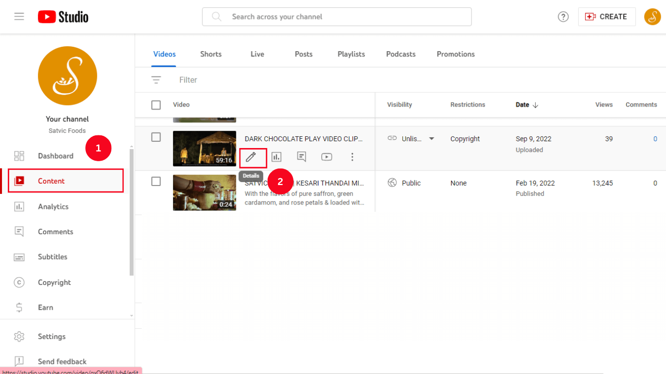 Hover over the YouTube video and select the Details option