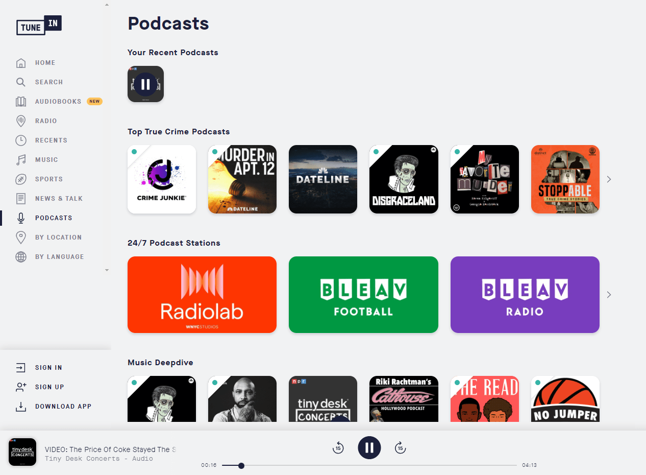 TuneIn’s podcast player