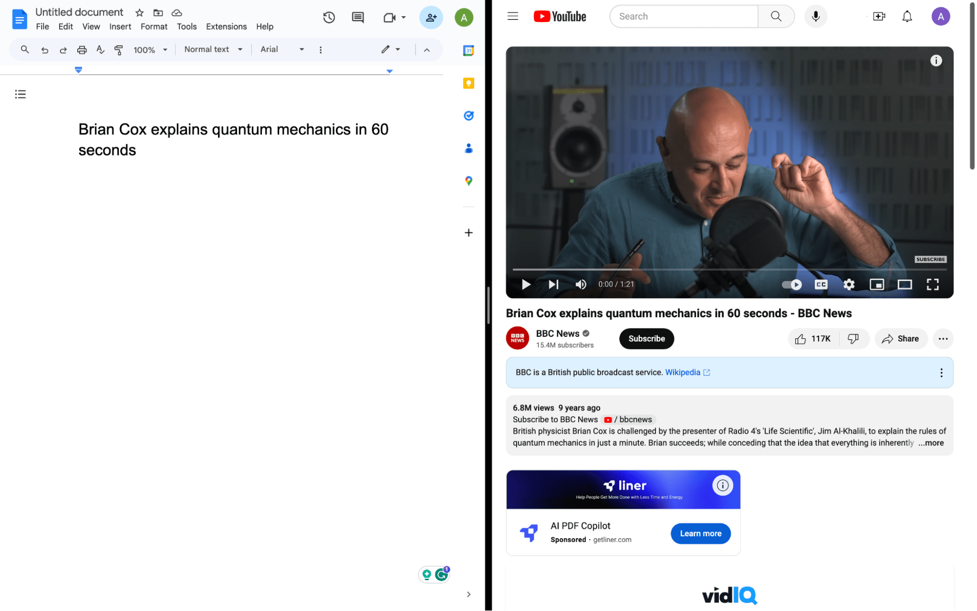 Two Google Chrome windows side by side. Google Docs on the left, and YouTube on the right