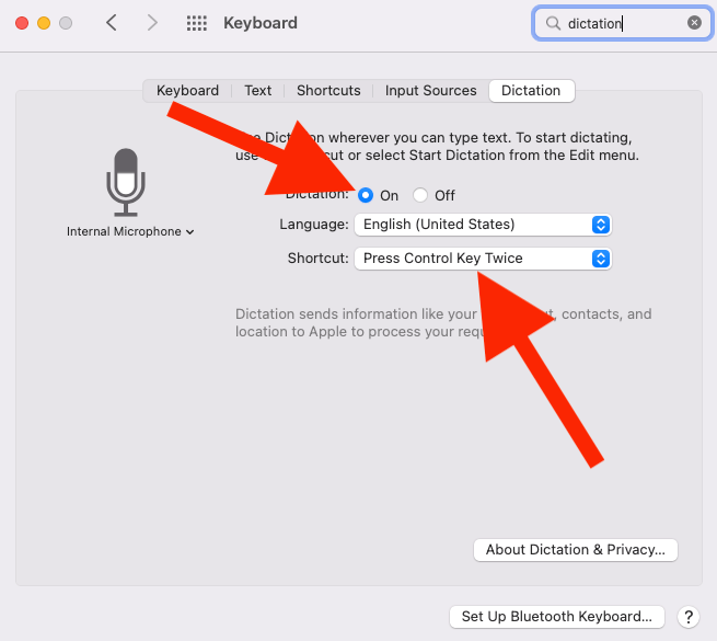 Two red arrows, one pointing at the On option and one pointing at the shortcut key option