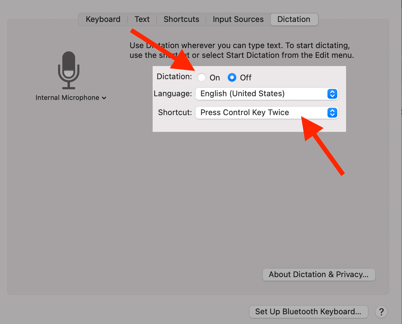 Two red arrows, one pointing to the Dictation option, the other pointing to the Shortcut option
