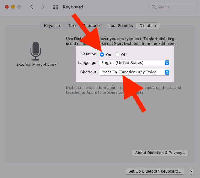 Two red arrows, one pointing to tick Dictation on and and another pointing to the Shortcut menu