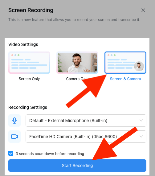 Two red arrows, one pointing toward the Screen & Camera option, and another pointing to the ‘Start Recording’ button
