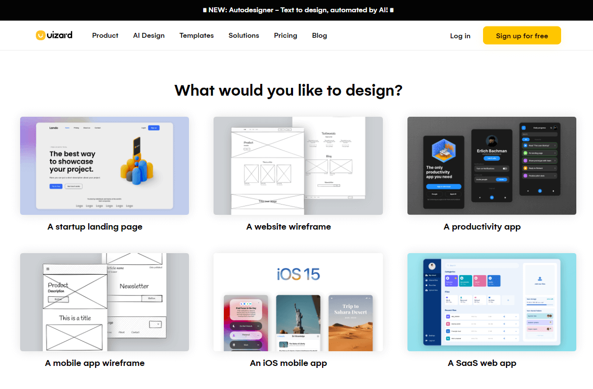 Uizard’s list of AI templates