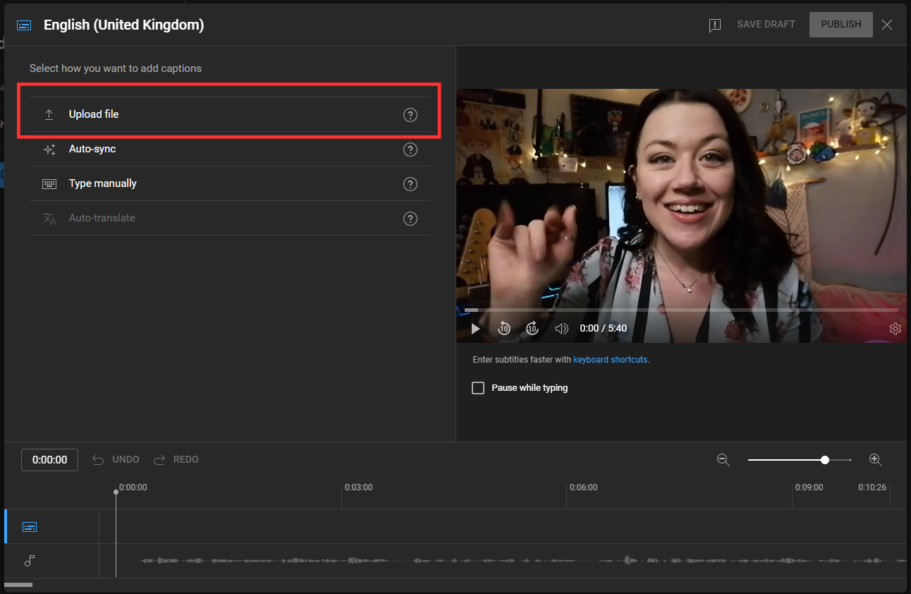 Upload a file into the YouTube subtitle editor