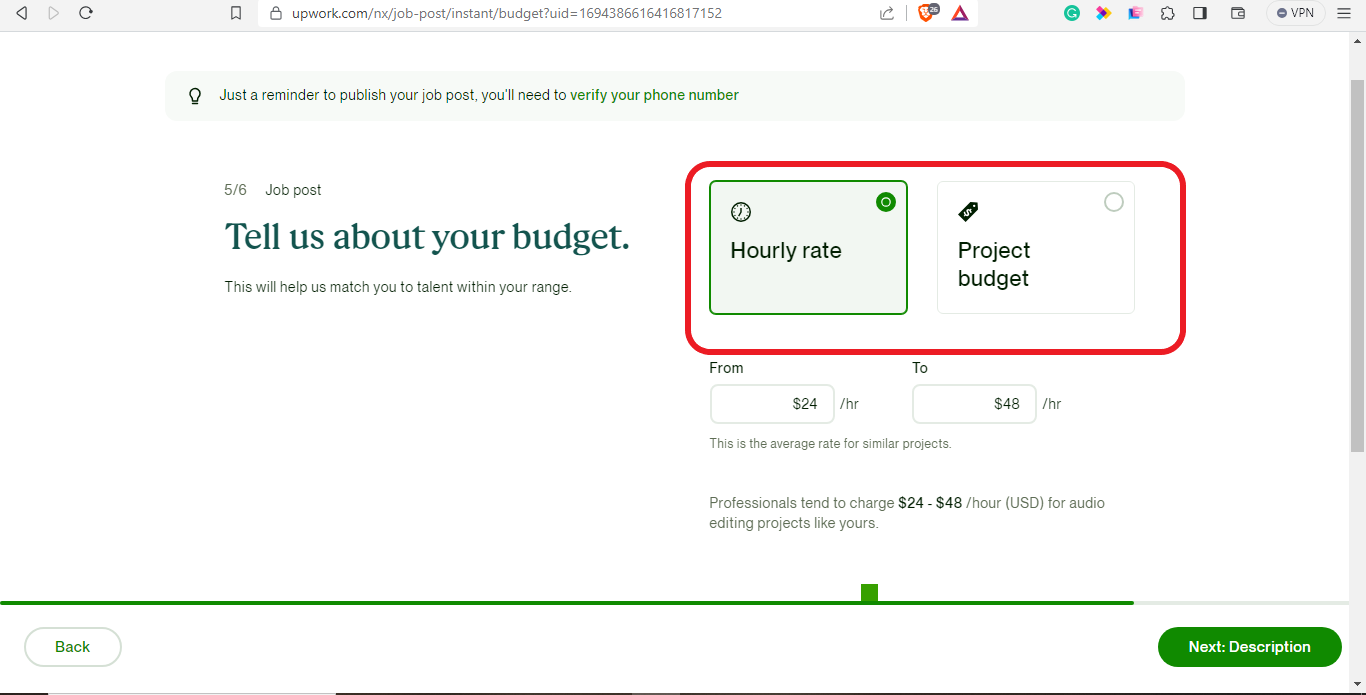 Upwork onboarding tell about the budget