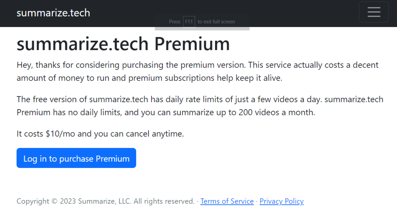 Summarize.tech premium plan