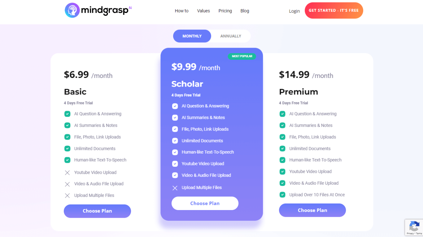 Mindgrasp plans and pricing