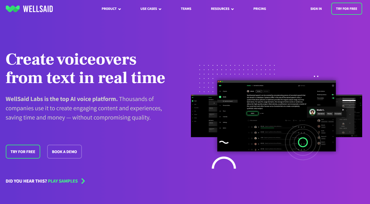 Wellsaid’s homepage featuring examples of voiceovers created from text