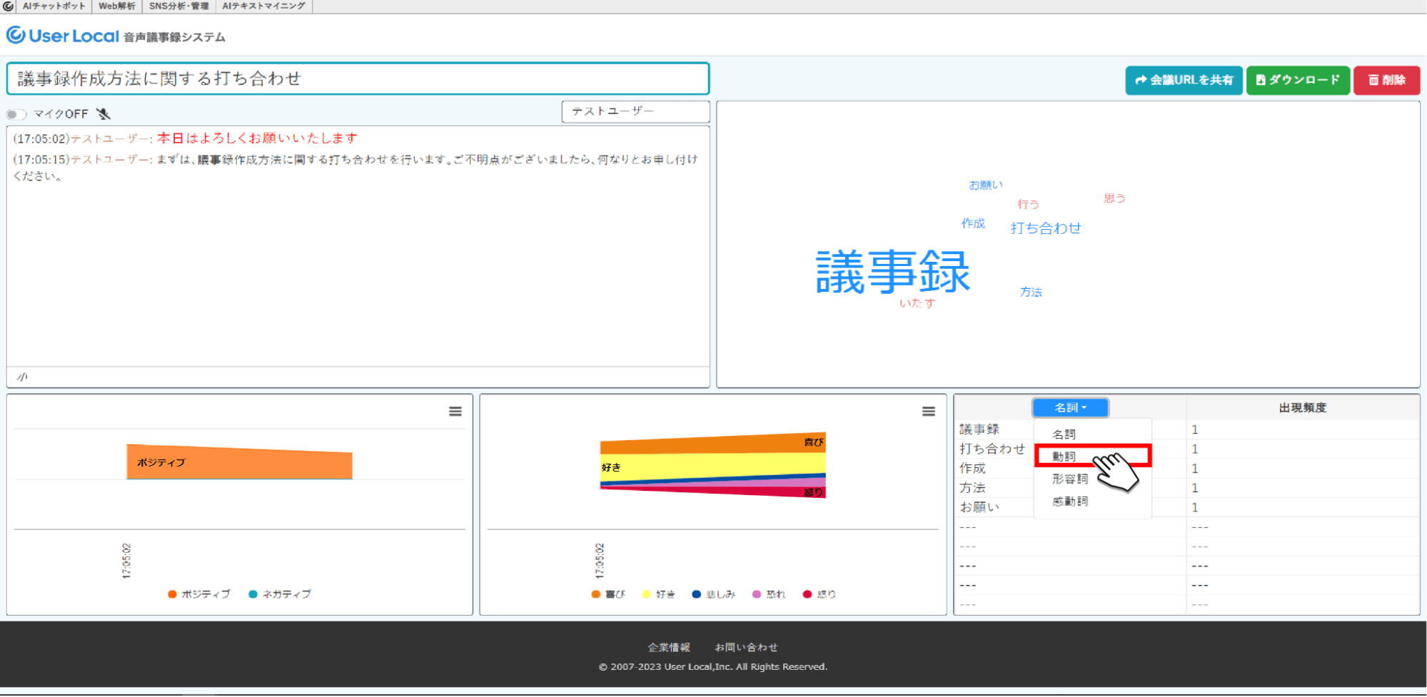 動詞のみが表示