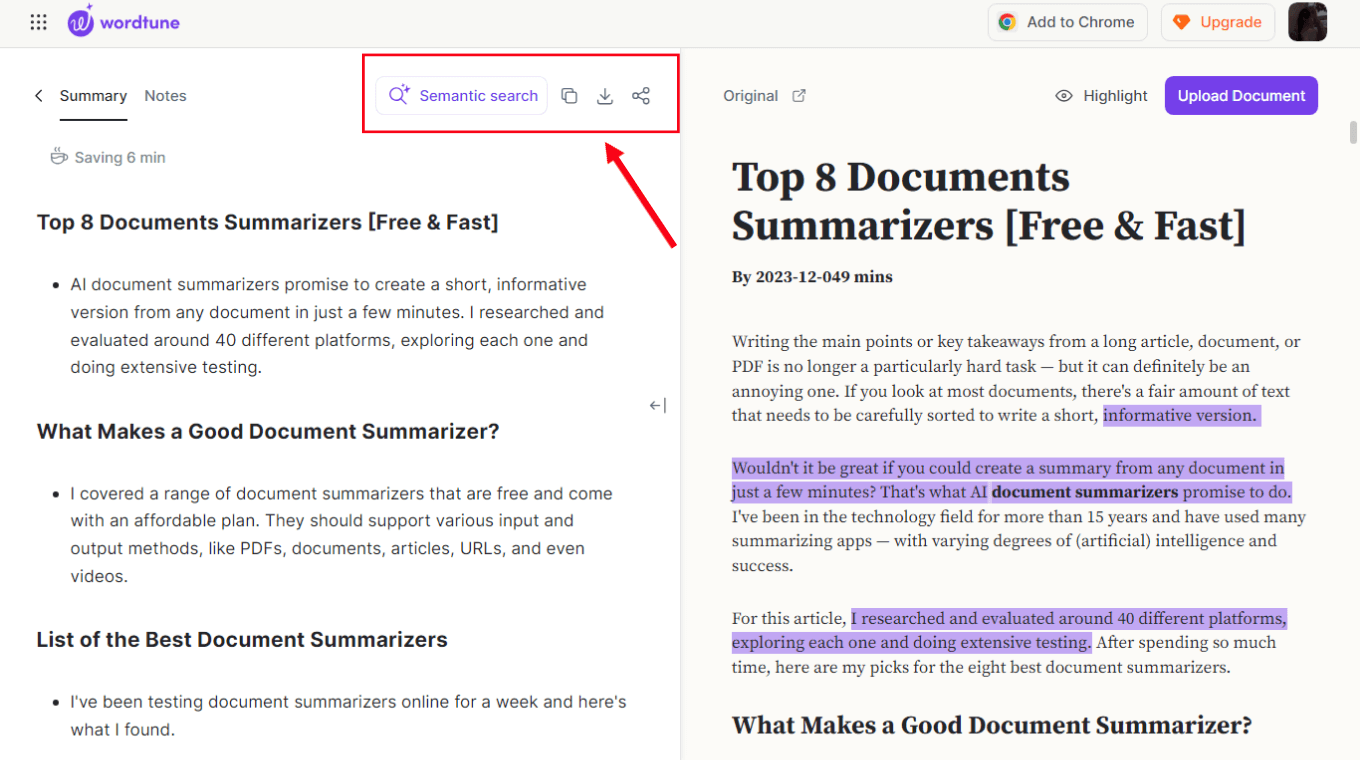 Different options available in Wordtune Summarizer