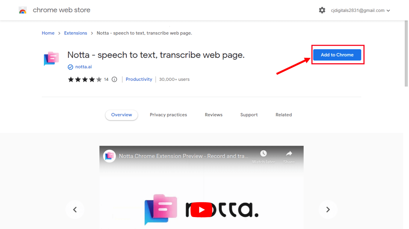 Search Notta extension and click add to chrome