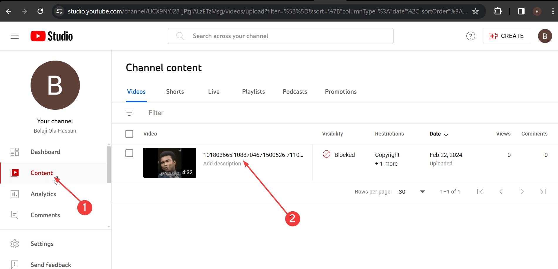 click Content in YouTube studio
