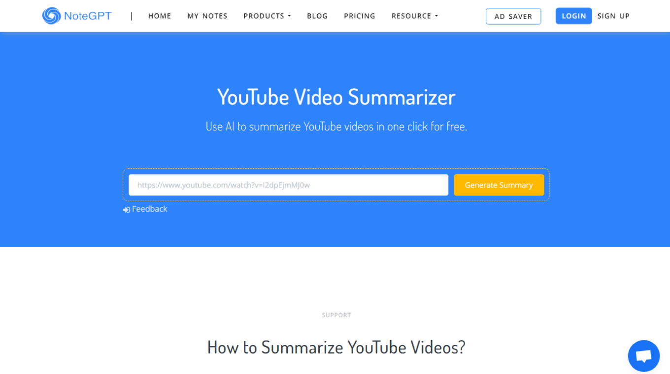 NoteGPT YouTube video summarizer tool