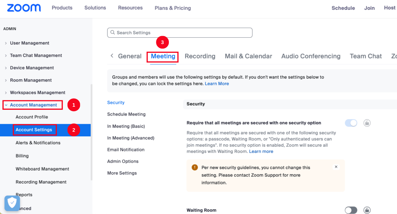 navigate to account management account setting and meeting