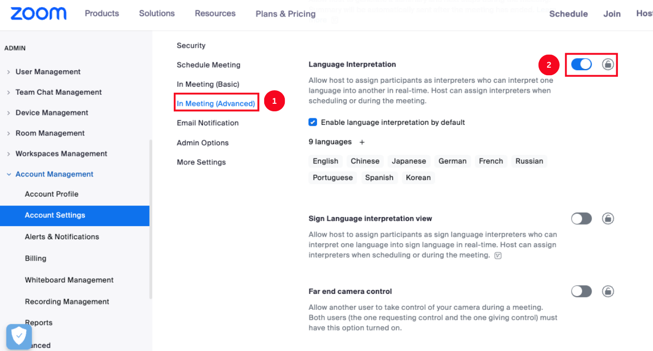select in meeting advanced and find language interpretation