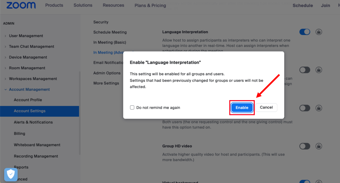 click enable when the verification dialog box appears