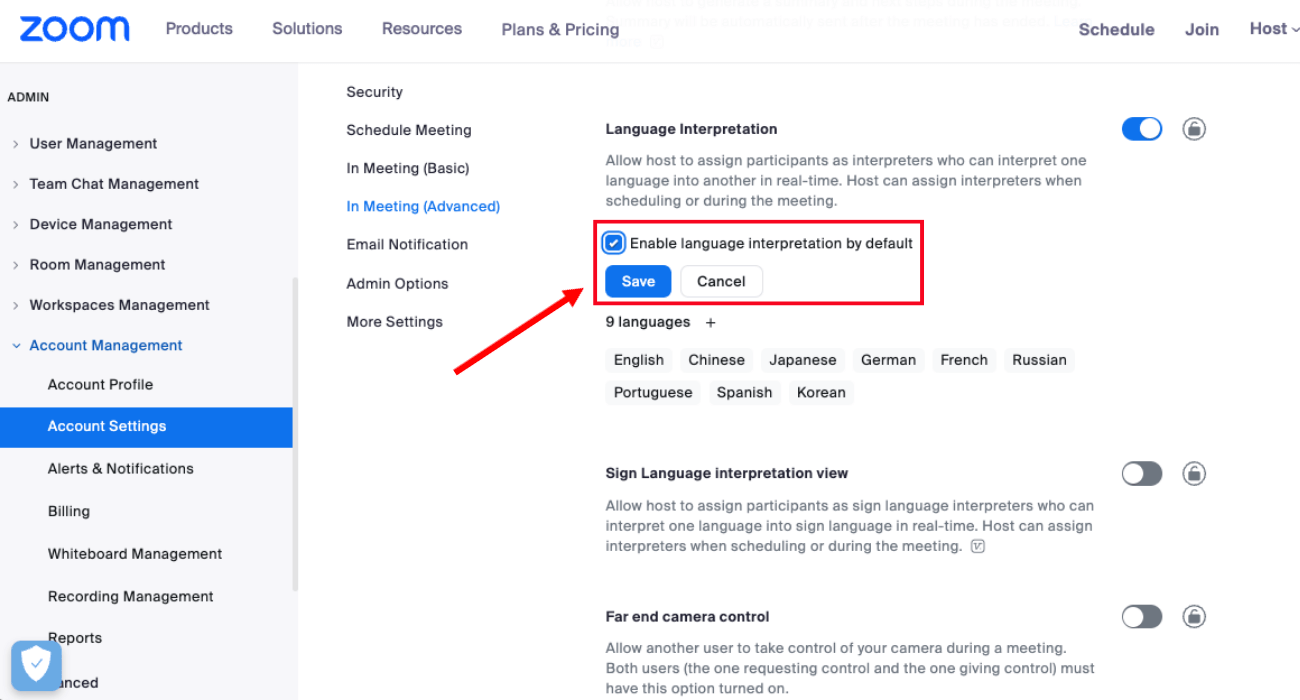 check the box indicating enable language interpretation by default