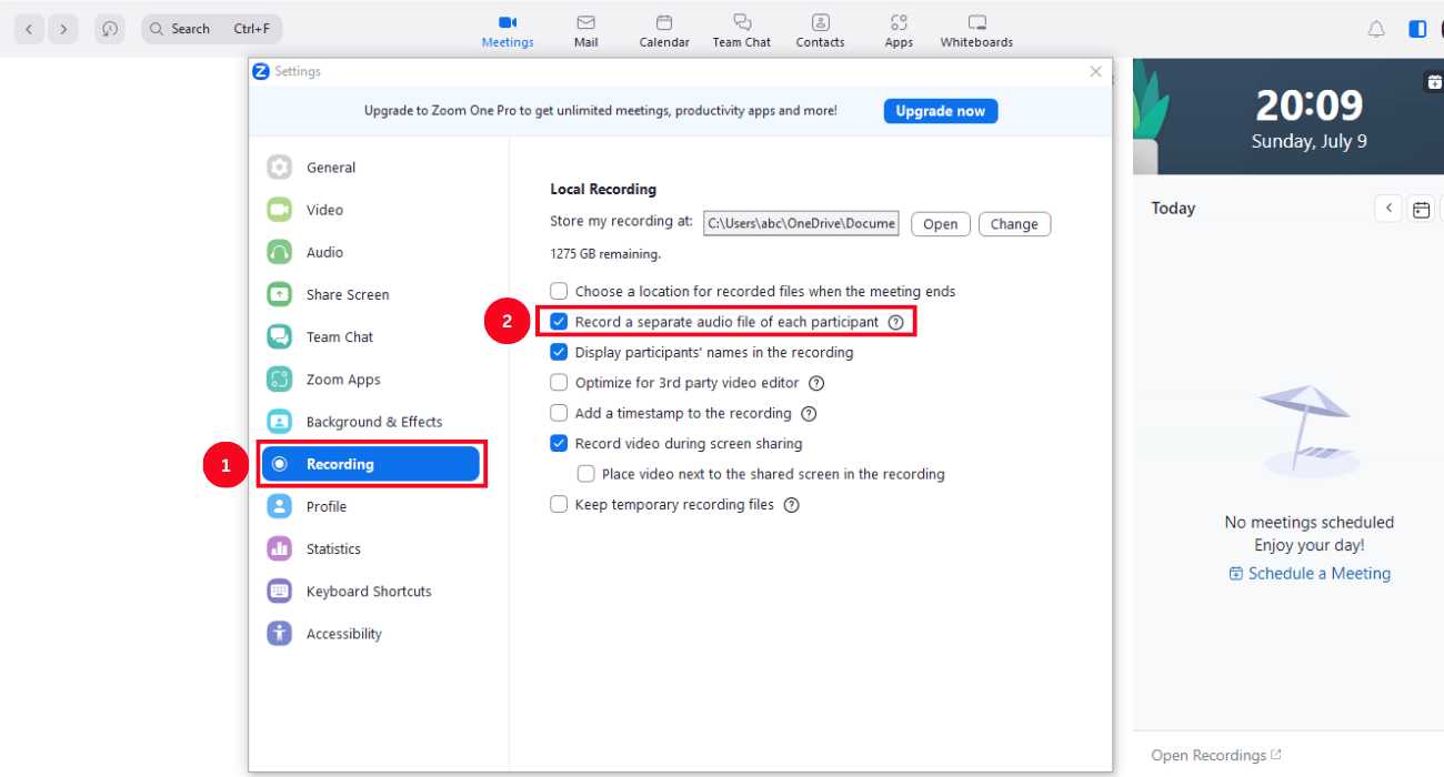 select recordings and checkbox record a separate audio file for each participant