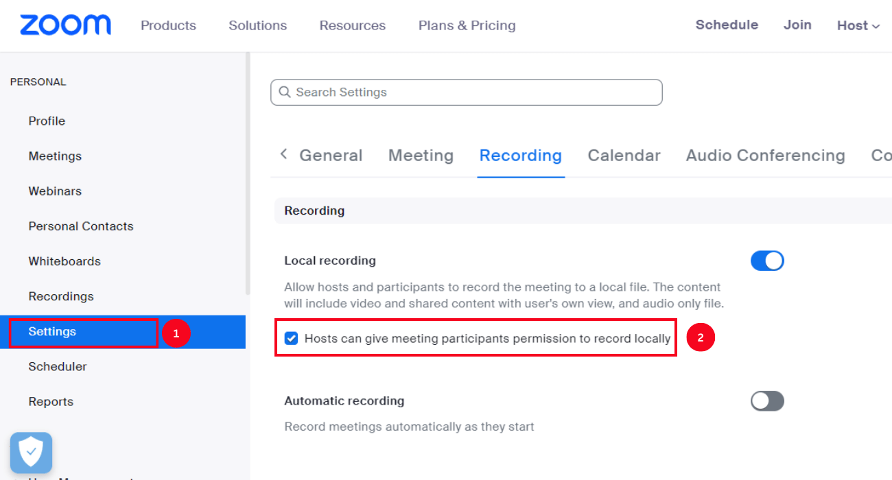 select settings and recordings to checkbox host can give meeting participants permission to record locally