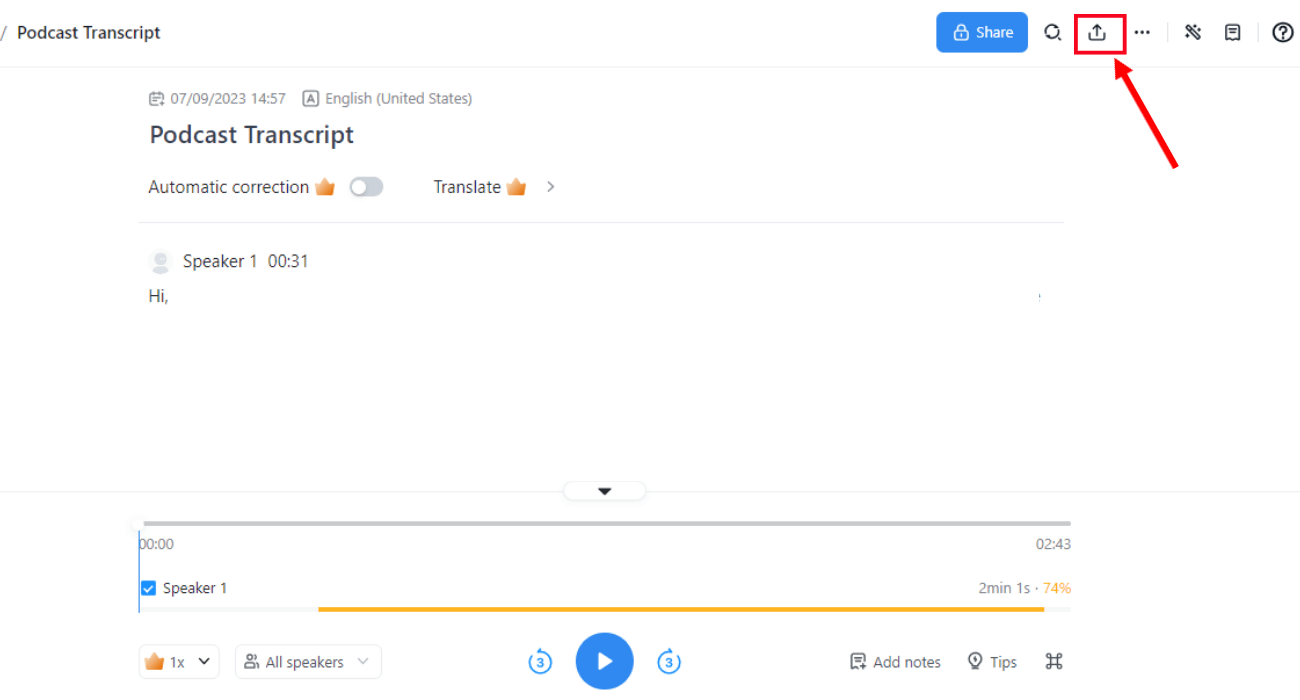 select the transcription and click share export icon next to share